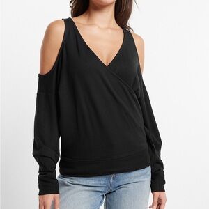 V-Neck Faux Wrap Open Shoulder Sweatshirt